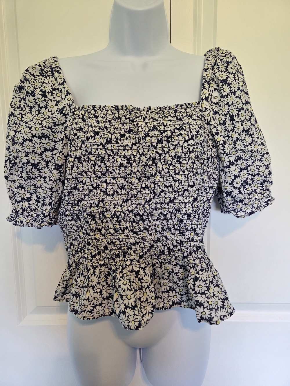 J. Crew Black Daisy Smocked Peplum Crop Top